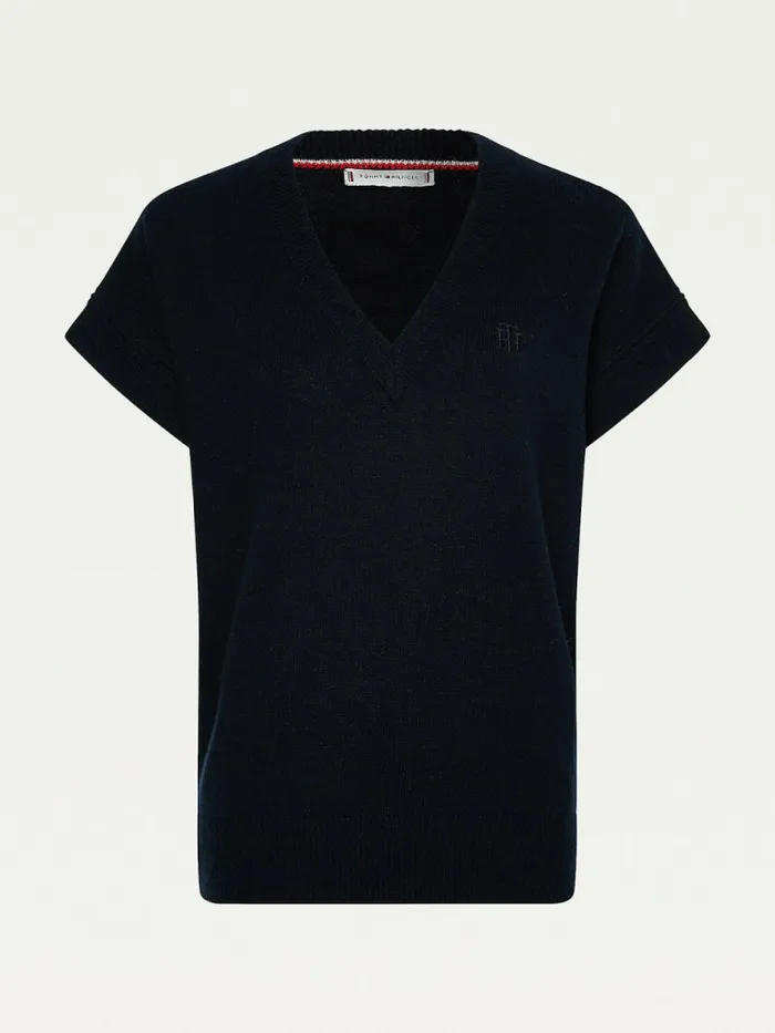 Tommy Hilfiger Alpaca Relaxed VNeck Short Sleeve Vest Desert Sky Womens Knitwear Cheap On Sale