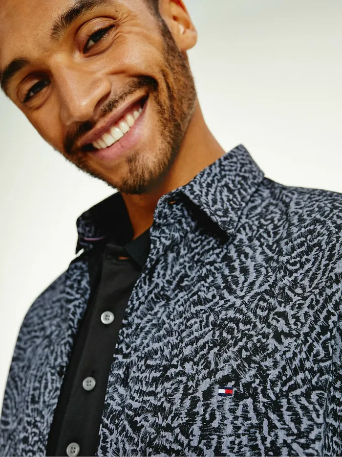 Tommy Hilfiger Animal Print Slim Fit Shirt BlackDark Ash Mens Shirts For Sale