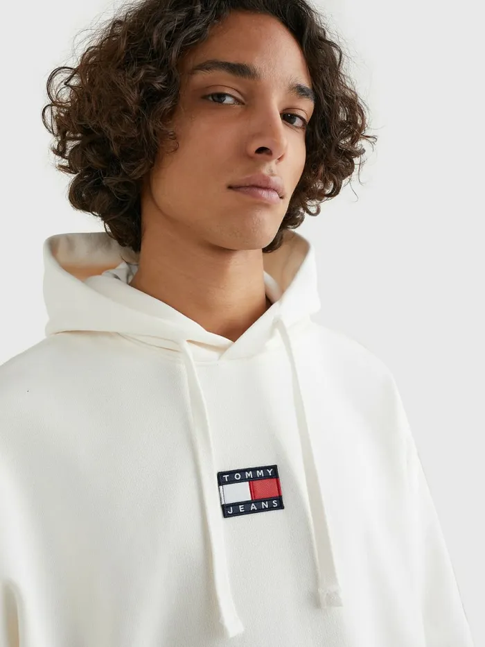 Tommy Hilfiger Badge Fleece Hoody Ancient White Mens Sweatshirts and Hoodies Online