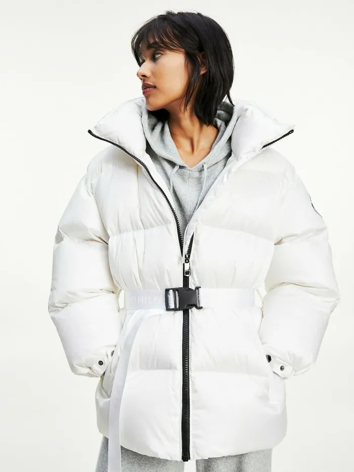 Tommy Hilfiger Belted Down Padded Jacket Th Optic White Womens Coats and Jackets Fashion