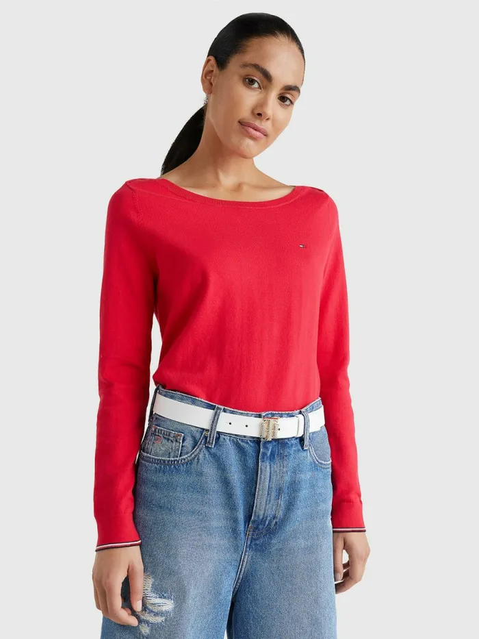 Tommy Hilfiger Boat Neck Organic Cotton Jumper Cornell Red Womens Knitwear Cheap On Sale Tommy Hilfiger Boat Neck Organic Cotton Jumper Cornell Red Womens Knitwear Cheap On Sale