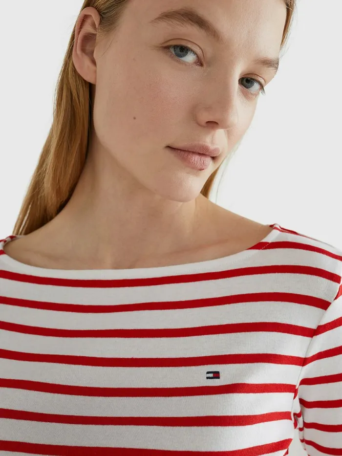 Tommy Hilfiger Boat Neck ThreeQuarter Sleeve TShirt Breton StpWhite Fireworks Womens TShirts Gift for Friend