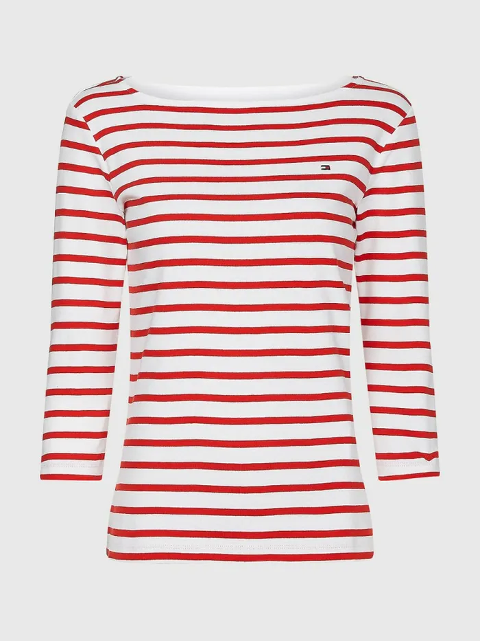 Tommy Hilfiger Boat Neck ThreeQuarter Sleeve TShirt Breton StpWhite Fireworks Womens TShirts Gift for Friend