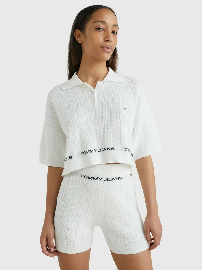 Tommy Hilfiger Cable Knit Polo Collar Cropped Jumper Ecru Womens Knitwear Popular Tommy Hilfiger Cable Knit Polo Collar Cropped Jumper Ecru Womens Knitwear Popular