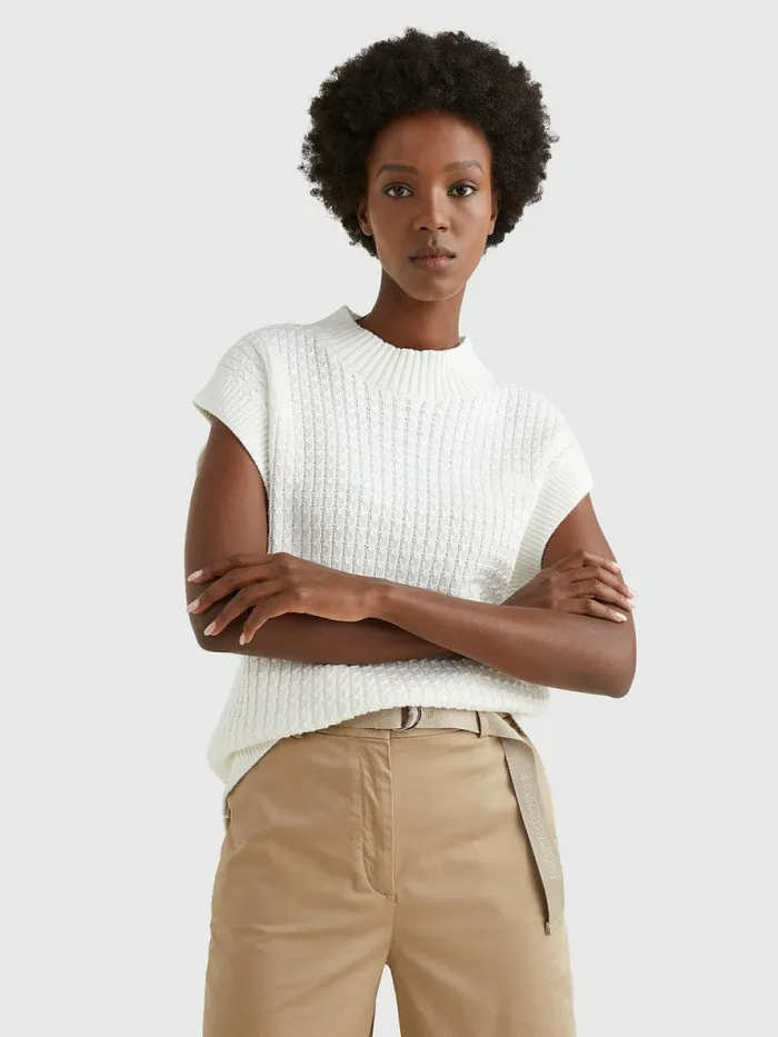 Tommy Hilfiger Cable Mock Neck Relaxed Sweater Vest Ecru Womens Knitwear On Sale Tommy Hilfiger Cable Mock Neck Relaxed Sweater Vest Ecru Womens Knitwear On Sale