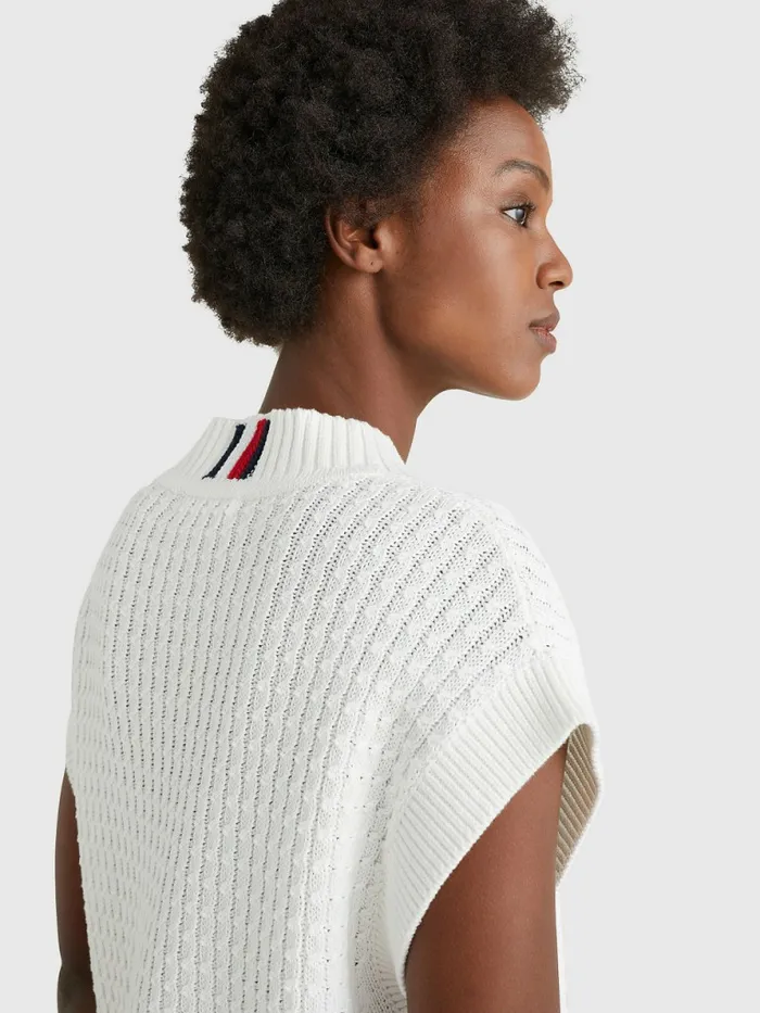 Tommy Hilfiger Cable Mock Neck Relaxed Sweater Vest Ecru Womens Knitwear On Sale