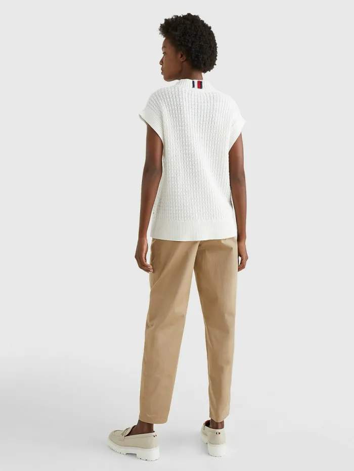 Tommy Hilfiger Cable Mock Neck Relaxed Sweater Vest Ecru Womens Knitwear On Sale