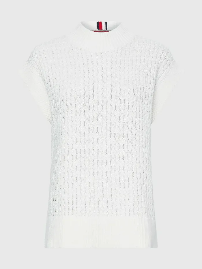 Tommy Hilfiger Cable Mock Neck Relaxed Sweater Vest Ecru Womens Knitwear On Sale
