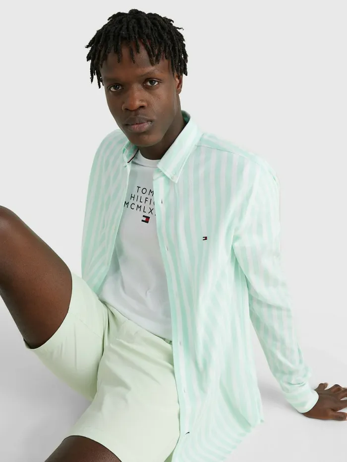 Tommy Hilfiger Casual Knitted Stripe Shirt Minty EssenceWhite Mens Shirts Fashion