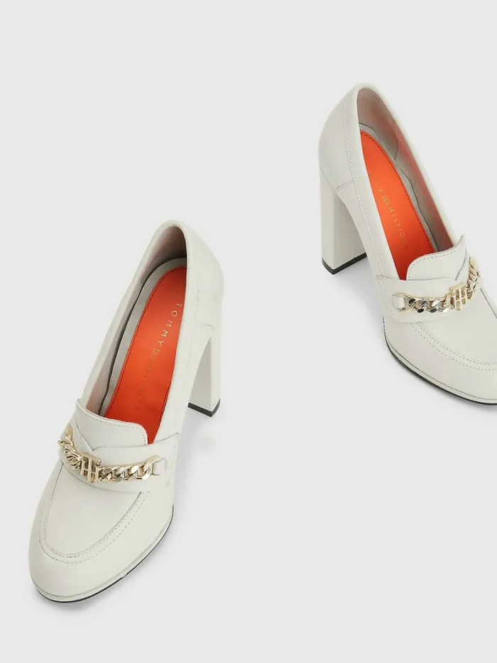 Tommy Hilfiger Chain High Heel Loafers White Dove Womens Pumps Casaul