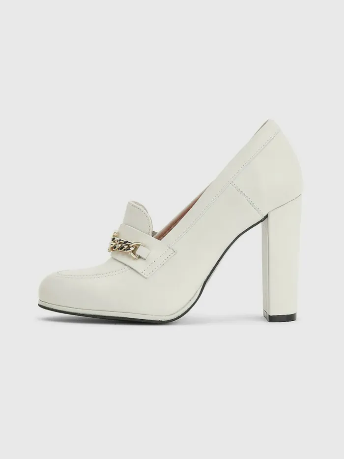 Tommy Hilfiger Chain High Heel Loafers White Dove Womens Pumps Casaul