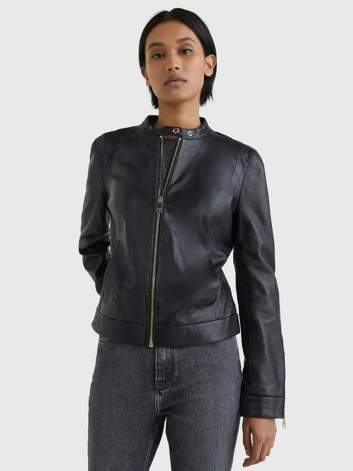 Tommy Hilfiger Collarless Leather Jacket Black Womens Coats and Jackets Near Me Tommy Hilfiger Collarless Leather Jacket Black Womens Coats and Jackets Near Me