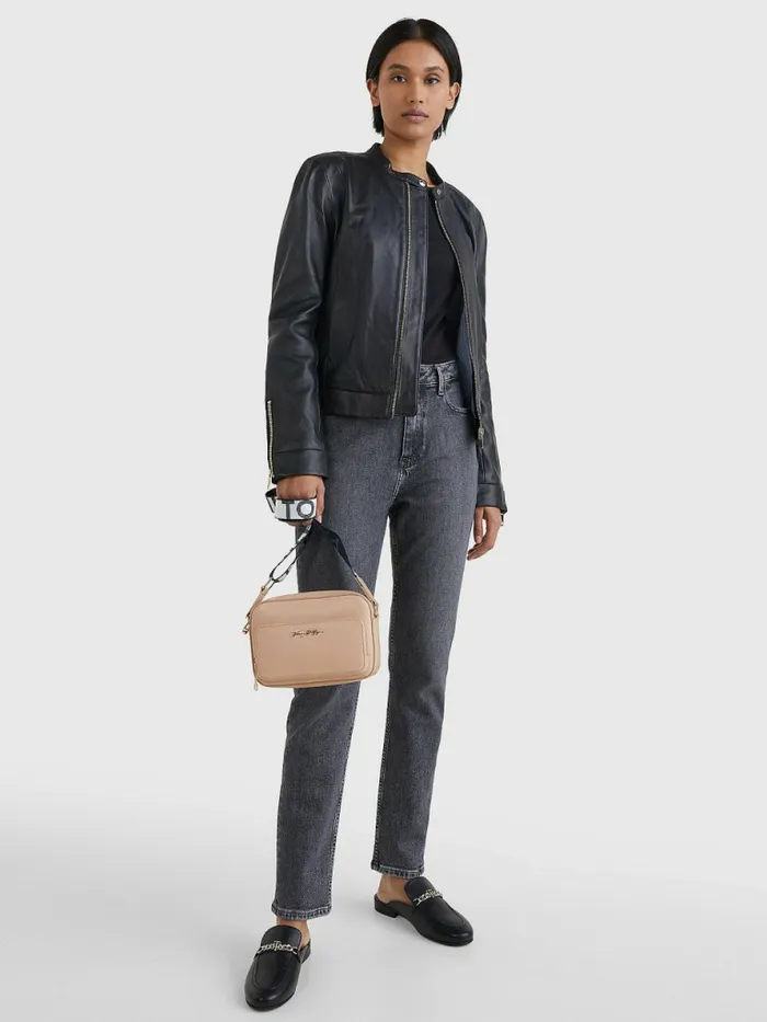 Tommy Hilfiger Collarless Leather Jacket Black Womens Coats and Jackets Near Me