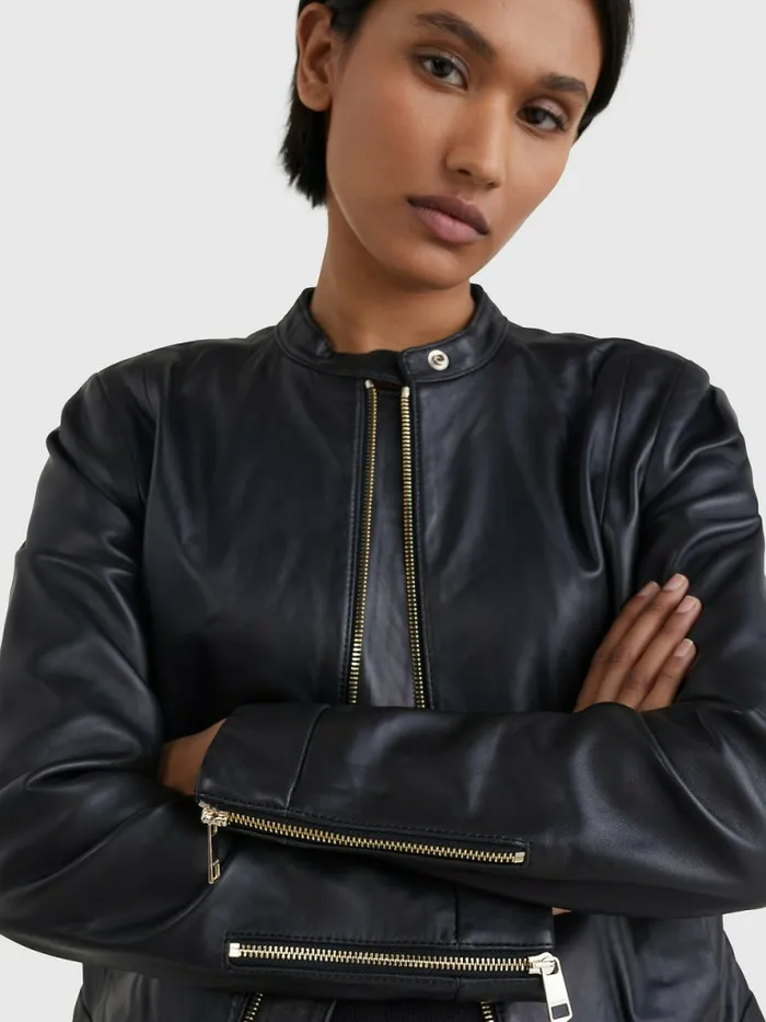Tommy Hilfiger Collarless Leather Jacket Black Womens Coats and Jackets Near Me