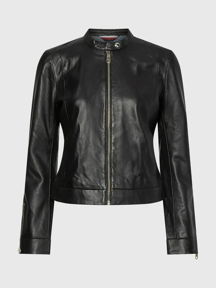 Tommy Hilfiger Collarless Leather Jacket Black Womens Coats and Jackets Near Me