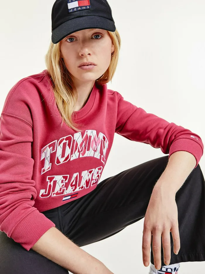 Tommy Hilfiger Collegiate Argyle Logo Sweatshirt Cranberry Crush Womens Sweatshirts and Hoodies Cheap On Sale