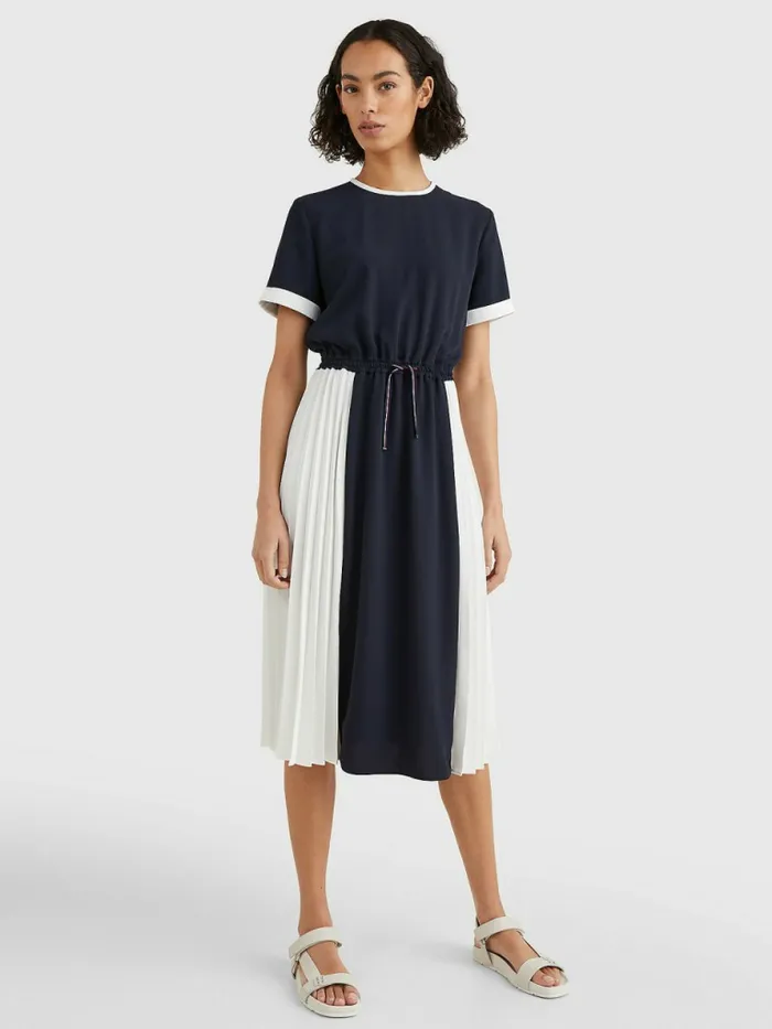 Tommy Hilfiger ColourBlocked Pleated Midi Dress Desert SkyEcru Colorblock Womens Dresses and Jumpsuits Fashion