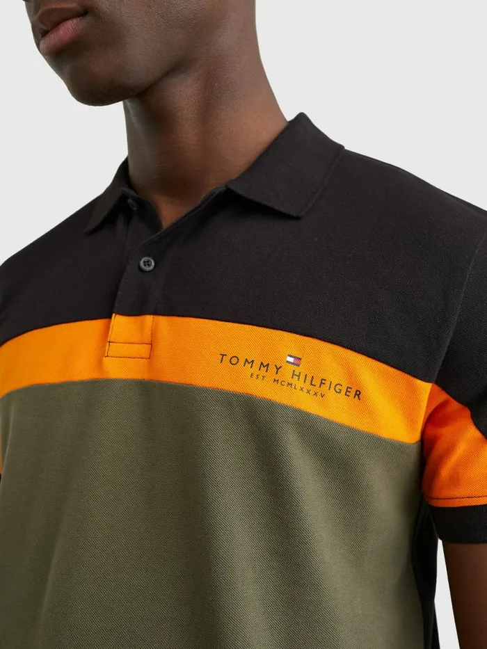 Tommy Hilfiger ColourBlocked Regular Fit Polo BlackHawaiian OrangArmy Green Mens Polo Shirts Gift 4 You