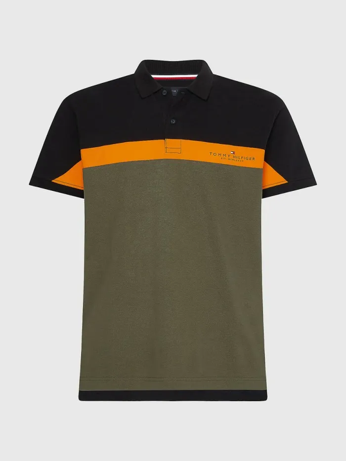 Tommy Hilfiger ColourBlocked Regular Fit Polo BlackHawaiian OrangArmy Green Mens Polo Shirts Gift 4 You