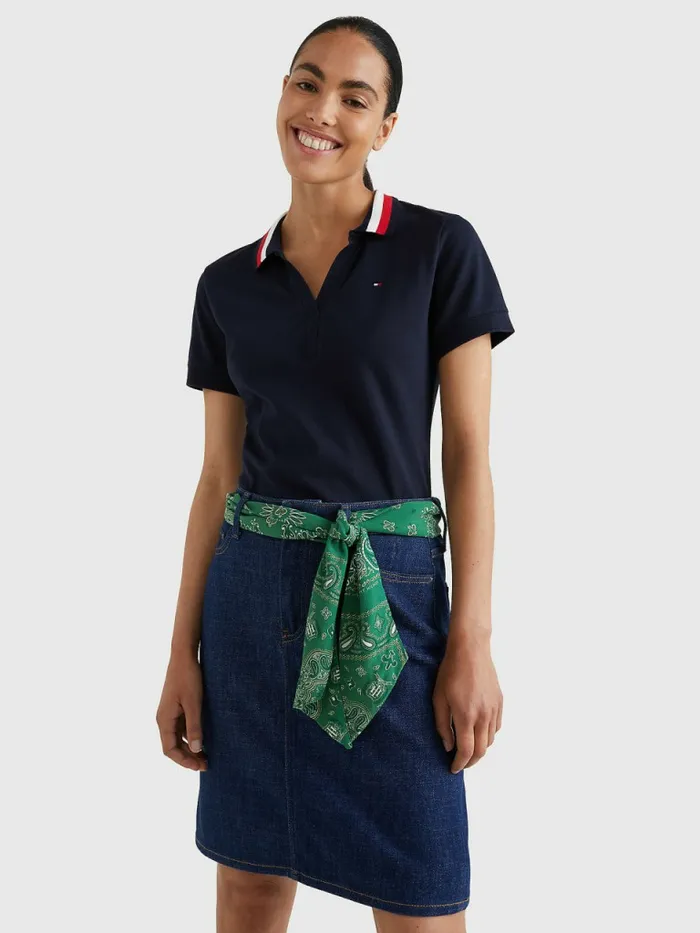 Tommy Hilfiger Contrast Collar Slim Fit Polo Top Desert Sky Womens Polo Shirts Cheap On Sale Tommy Hilfiger Contrast Collar Slim Fit Polo Top Desert Sky Womens Polo Shirts Cheap On Sale