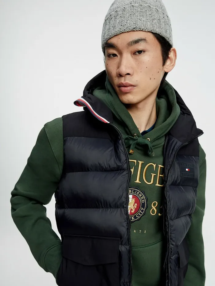Tommy Hilfiger Contrast Fabric Hooded Vest Black Mens Coats and Jackets Cheap On Sale