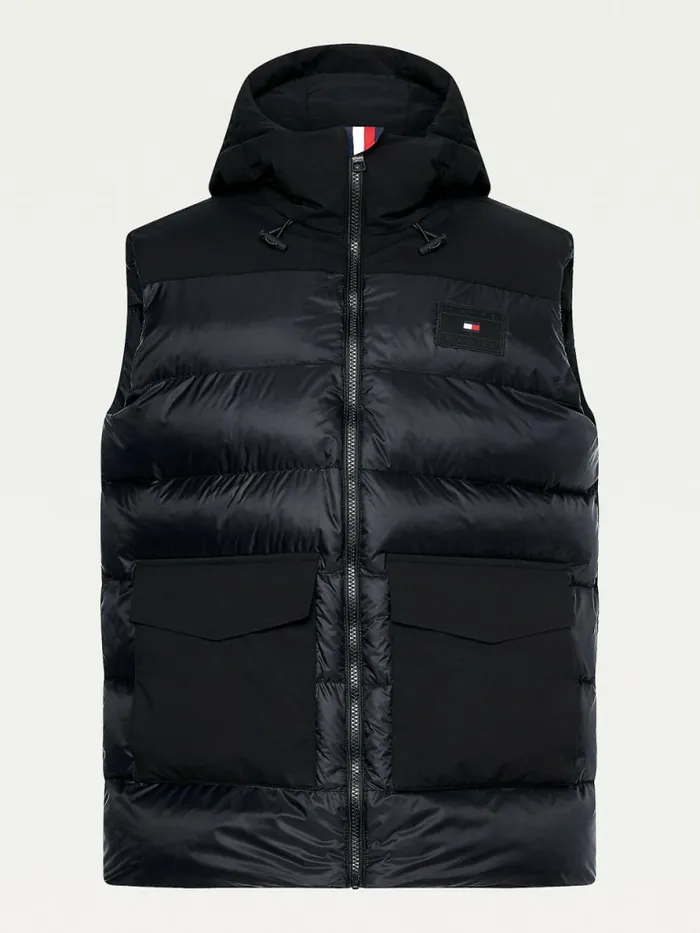 Tommy Hilfiger Contrast Fabric Hooded Vest Black Mens Coats and Jackets Cheap On Sale