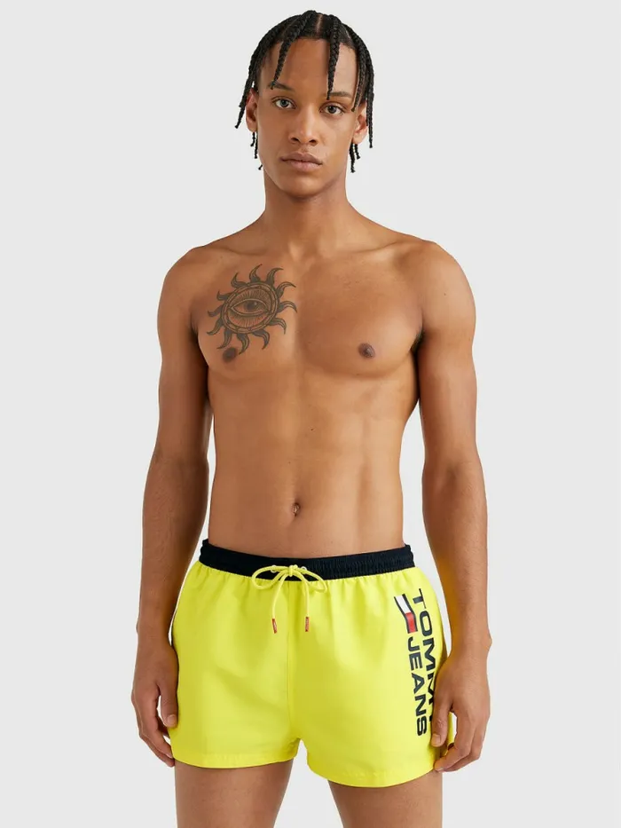 Tommy Hilfiger Contrast Pocket Extra Short Length Swim Shorts Magnetic Yellow Mens Swimwear Casaul