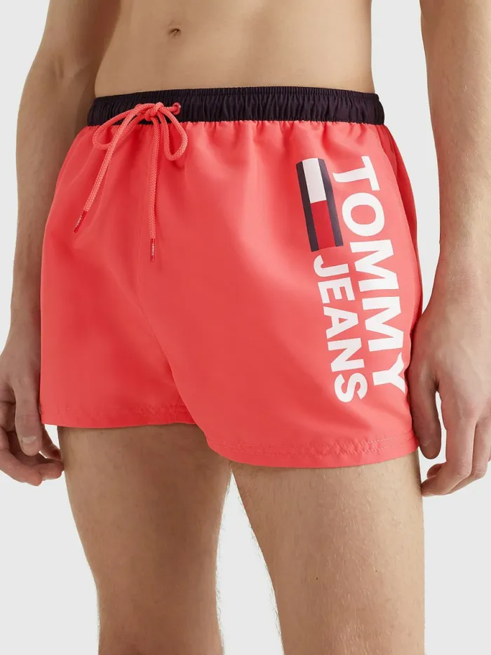 Tommy Hilfiger Contrast Pocket Extra Short Length Swim Shorts Poppy Pink Mens Swimwear For Sale Tommy Hilfiger Contrast Pocket Extra Short Length Swim Shorts Poppy Pink Mens Swimwear For Sale