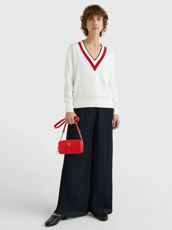 Tommy Hilfiger Contrast V Neck Jumper Ecru Womens Knitwear Fashion