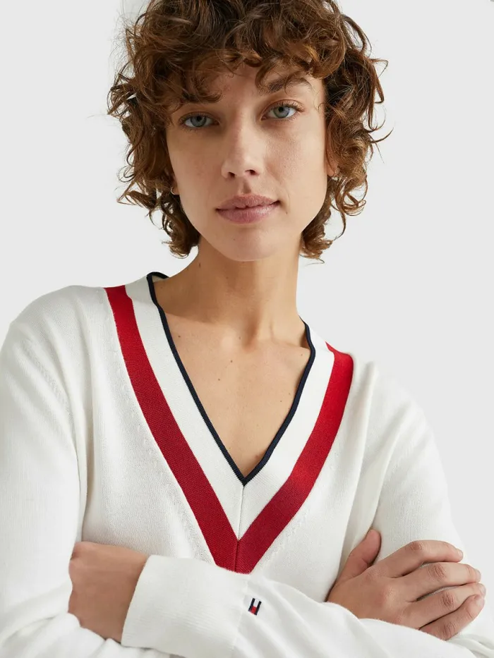 Tommy Hilfiger Contrast V Neck Jumper Ecru Womens Knitwear Fashion