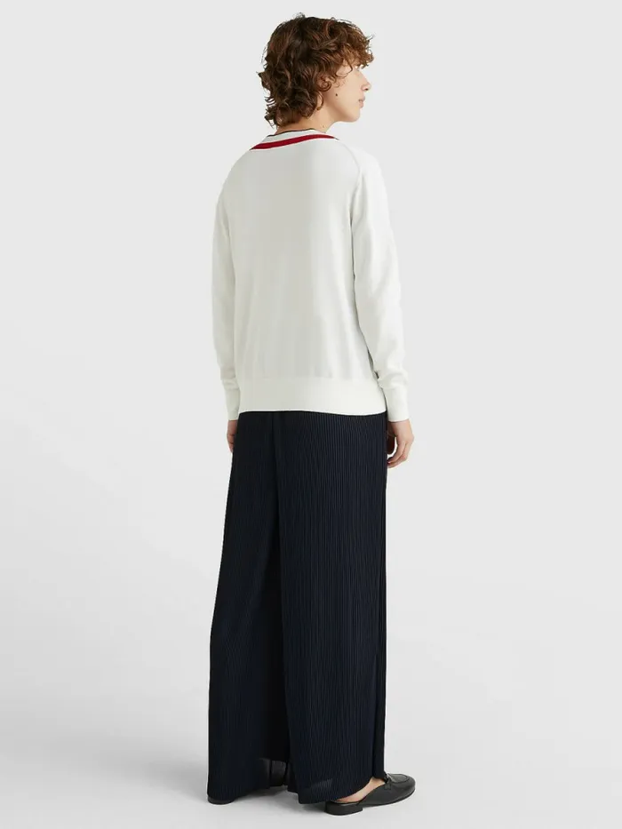 Tommy Hilfiger Contrast V Neck Jumper Ecru Womens Knitwear Fashion