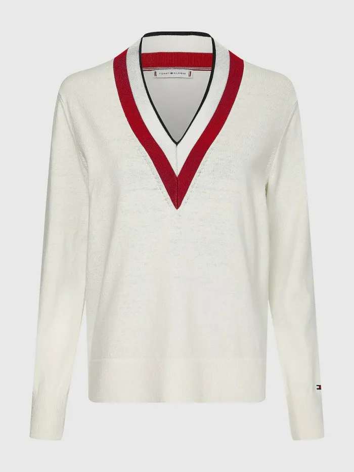 Tommy Hilfiger Contrast V Neck Jumper Ecru Womens Knitwear Fashion