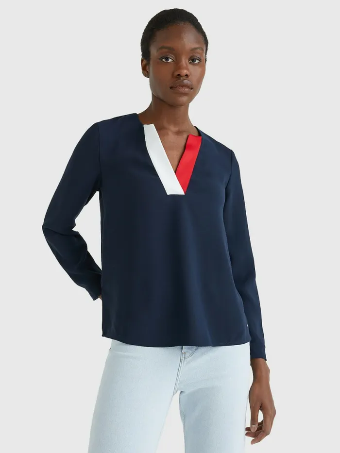 Tommy Hilfiger Crepe Regular Fit VNeck Blouse Desert Sky Womens Shirts and Blouses On Sale Tommy Hilfiger Crepe Regular Fit VNeck Blouse Desert Sky Womens Shirts and Blouses On Sale