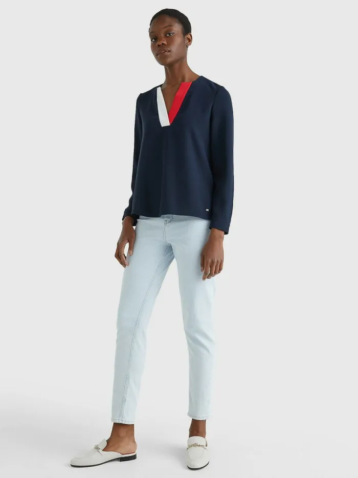 Tommy Hilfiger Crepe Regular Fit VNeck Blouse Desert Sky Womens Shirts and Blouses On Sale