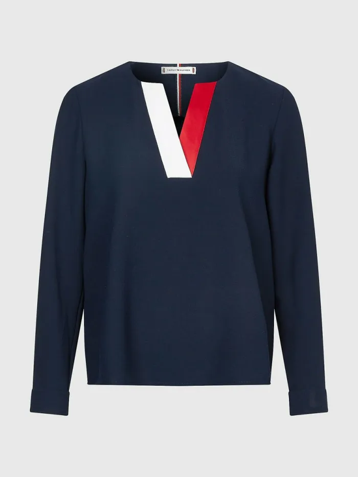 Tommy Hilfiger Crepe Regular Fit VNeck Blouse Desert Sky Womens Shirts and Blouses On Sale