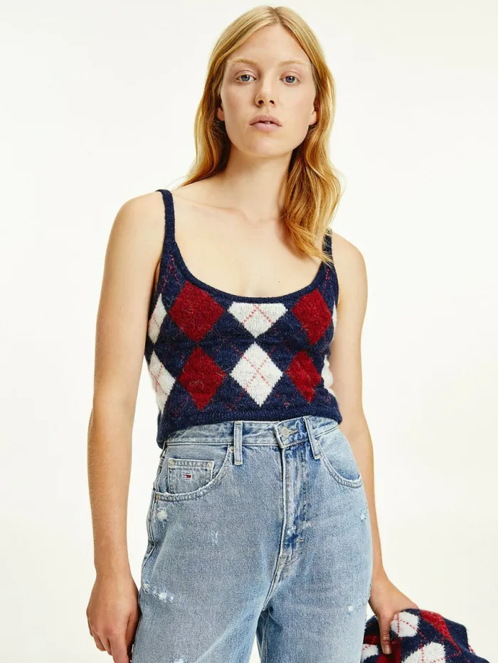 Tommy Hilfiger Cropped Argyle Cami Twilight NavyMulti Womens Knitwear Popular Tommy Hilfiger Cropped Argyle Cami Twilight NavyMulti Womens Knitwear Popular