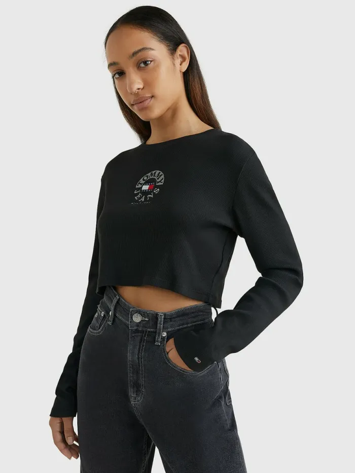 Tommy Hilfiger Cropped Logo Embroidery Long Sleeve TShirt Black Womens TShirts Gift Ideas Tommy Hilfiger Cropped Logo Embroidery Long Sleeve TShirt Black Womens TShirts Gift Ideas