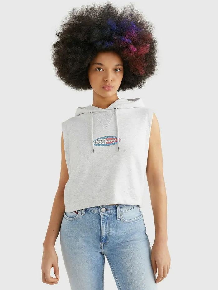 Tommy Hilfiger Cropped Sleeveless Tank Hoody Silver Grey Htr Womens Sweatshirts and Hoodies Sale Tommy Hilfiger Cropped Sleeveless Tank Hoody Silver Grey Htr Womens Sweatshirts and Hoodies Sale