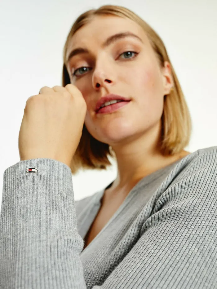 Tommy Hilfiger Curve Henley Ribbed Wool Blend Jumper Light Grey Heather Womens Knitwear On Sale