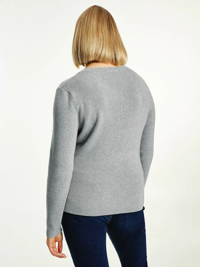 Tommy Hilfiger Curve Henley Ribbed Wool Blend Jumper Light Grey Heather Womens Knitwear On Sale