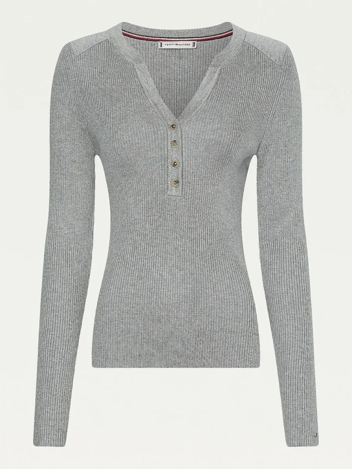 Tommy Hilfiger Curve Henley Ribbed Wool Blend Jumper Light Grey Heather Womens Knitwear On Sale