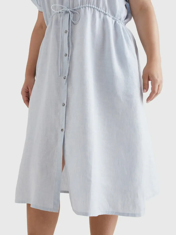 Tommy Hilfiger Curve Linen Relaxed Fit Midi Shirt Dress Breezy Blue Womens Dresses and Jumpsuits Casaul