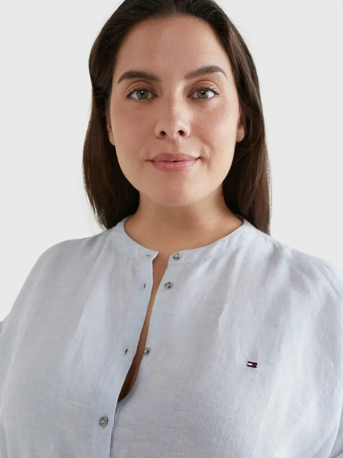 Tommy Hilfiger Curve Linen Relaxed Fit Midi Shirt Dress Breezy Blue Womens Dresses and Jumpsuits Casaul