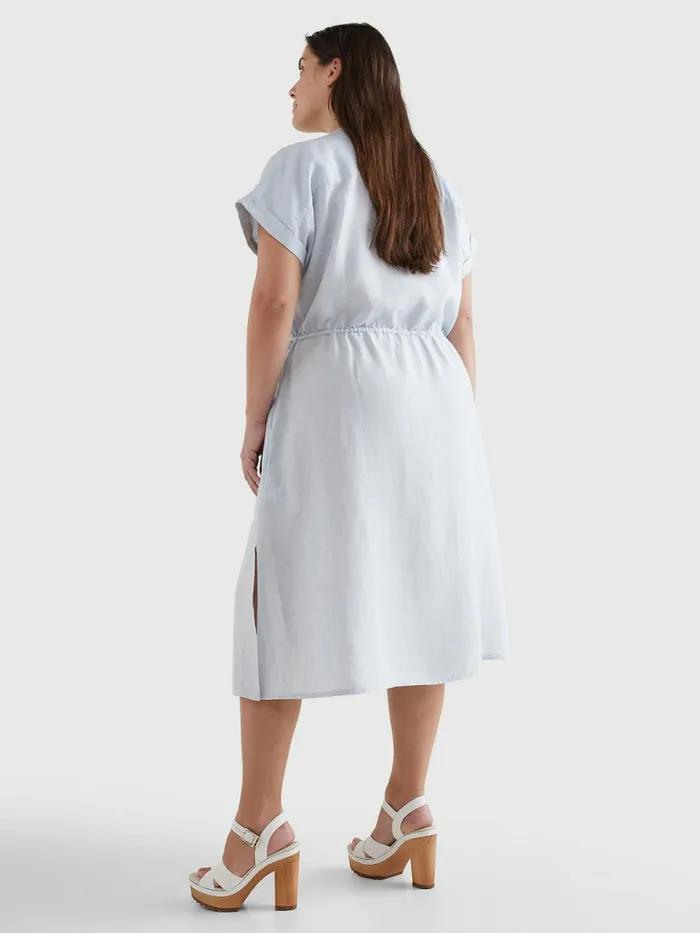 Tommy Hilfiger Curve Linen Relaxed Fit Midi Shirt Dress Breezy Blue Womens Dresses and Jumpsuits Casaul