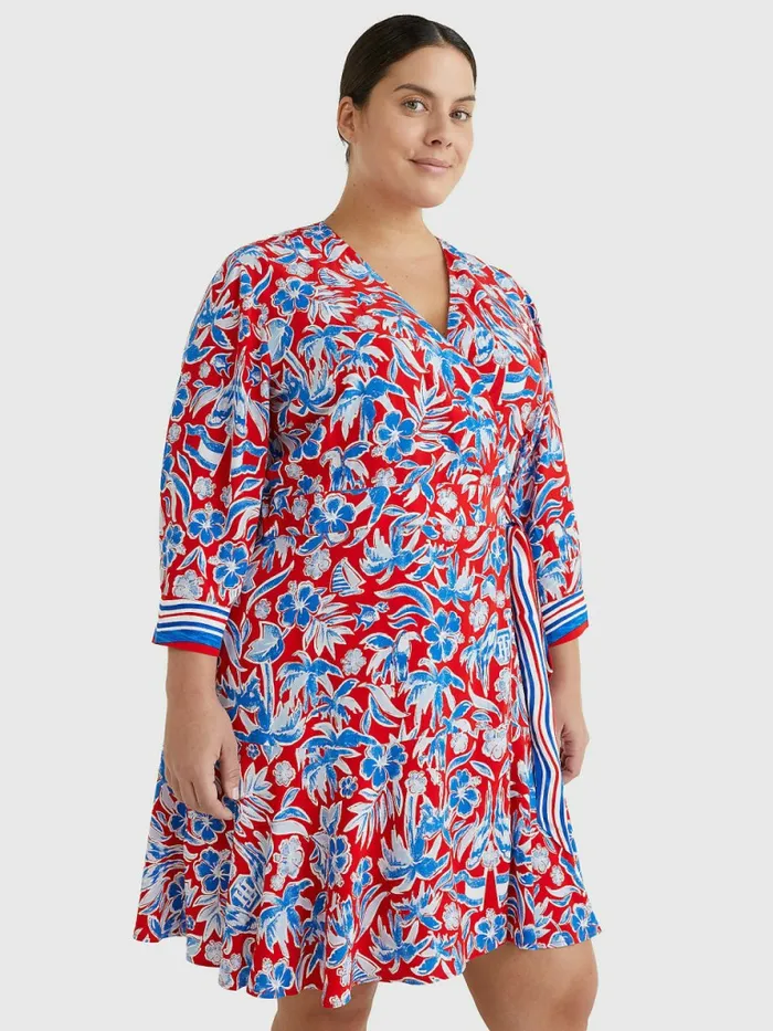 Tommy Hilfiger Curve Scarf Print Knee Length Wrap Dress Island Scarf Red Womens Curve Fashion Gift for Friend