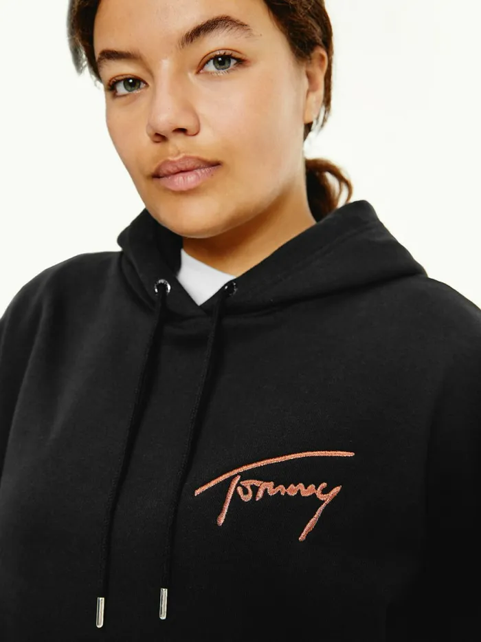 Tommy Hilfiger Curve Signature Logo Oversized Hoody Black Womens Sweatshirts and Hoodies For Sale