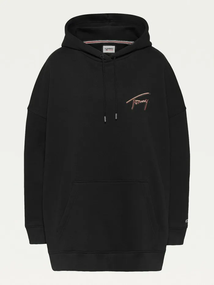 Tommy Hilfiger Curve Signature Logo Oversized Hoody Black Womens Sweatshirts and Hoodies For Sale