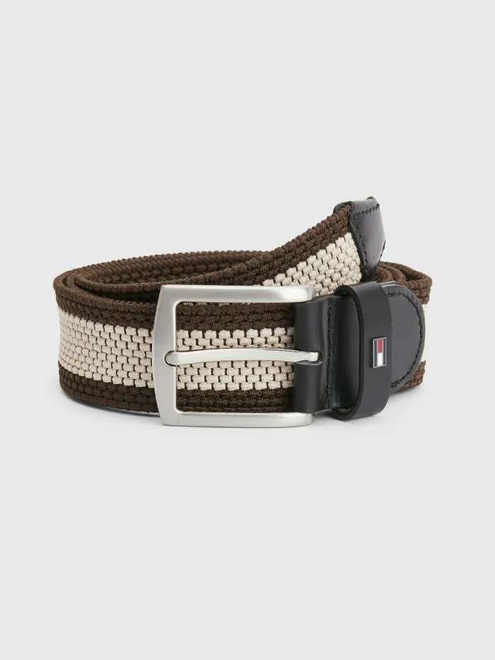 Tommy Hilfiger Denton ColourBlock Webbing Belt DarkbrownEcru Mens Belts Sale