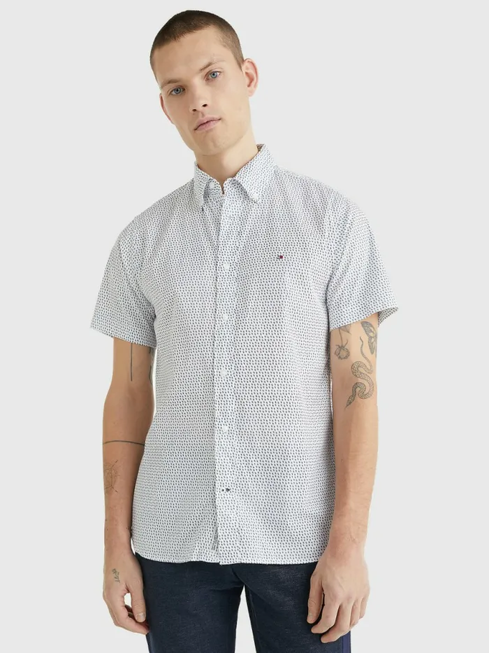 Tommy Hilfiger Dot Regular Fit Short Sleeve Shirt Optic WhiteCarbon Navy Mens Shirts Online