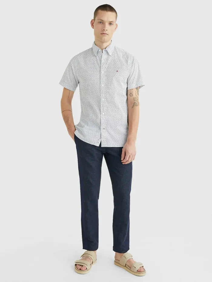 Tommy Hilfiger Dot Regular Fit Short Sleeve Shirt Optic WhiteCarbon Navy Mens Shirts Online
